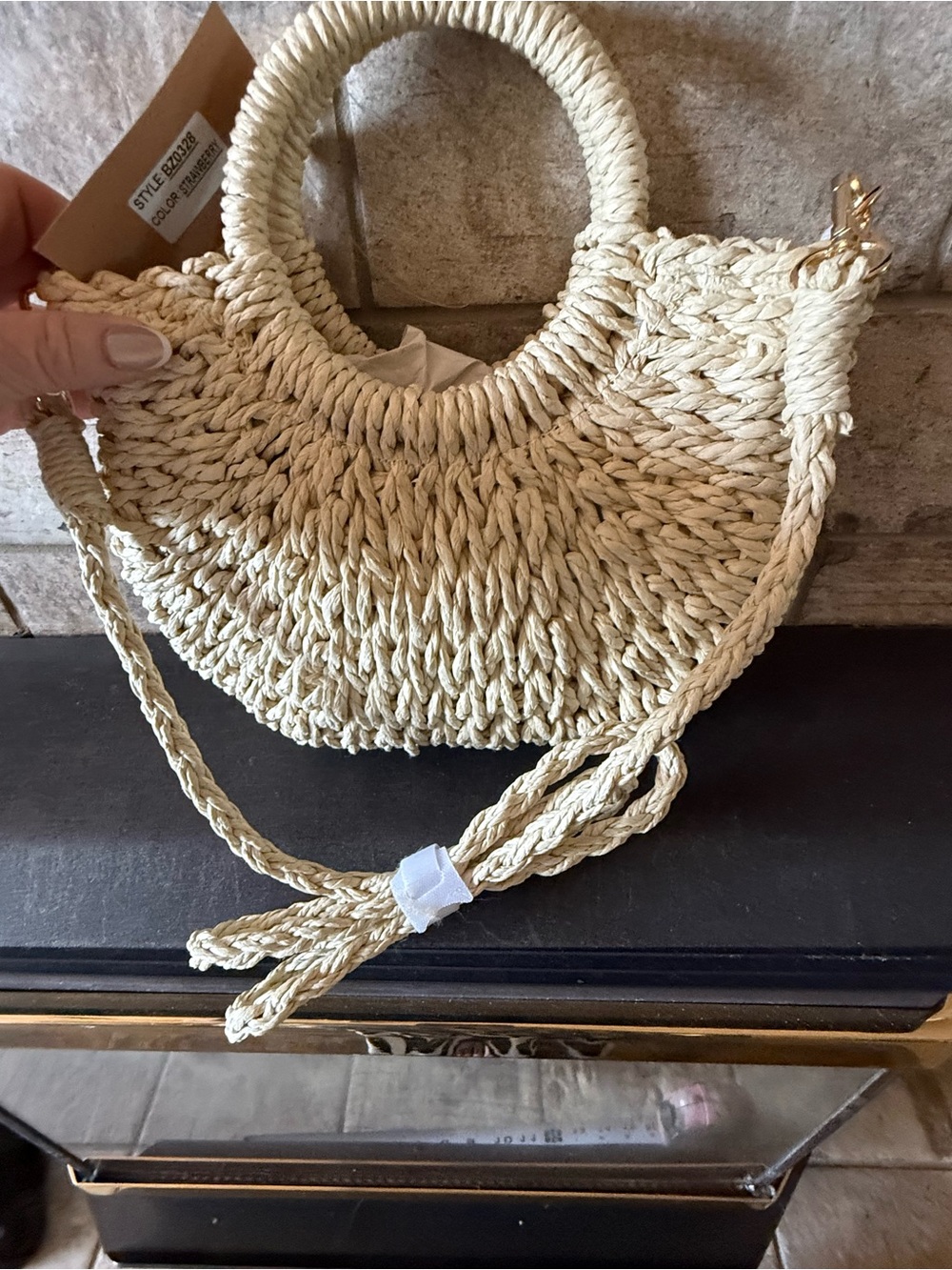 Savannah Cream Straw Tote with Red & Green Strawberry Accents - Picture 2 of 4